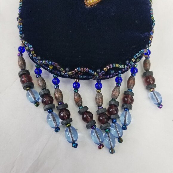 Beaded Horse Mini Bag Credit Card Holder Crossbody Pouch Velvet Navy Blue Strap - Picture 4 of 15